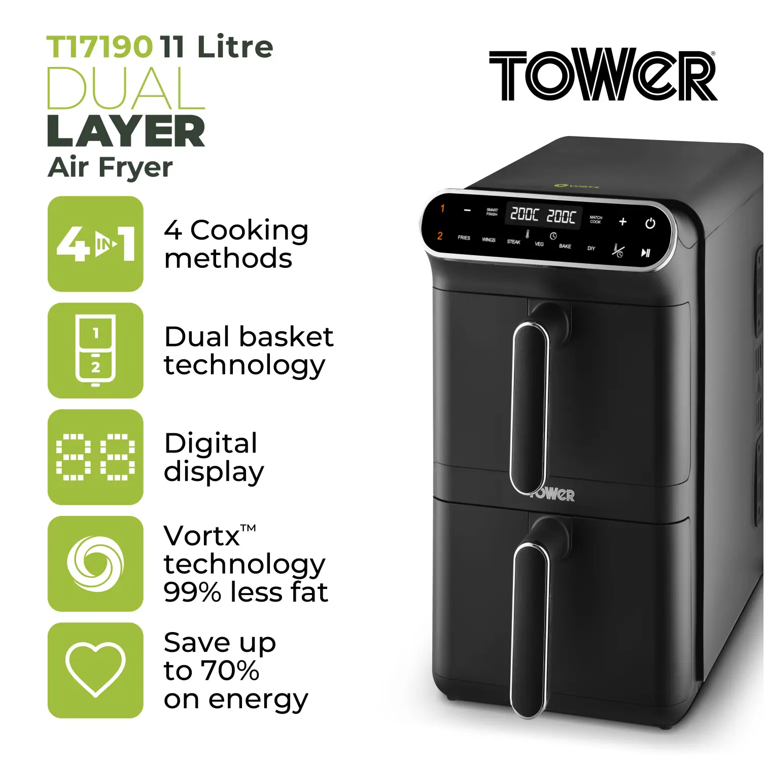 RKW0029_1 Tower Vortx Double Stack Air Fryer 11 Litre Capacity