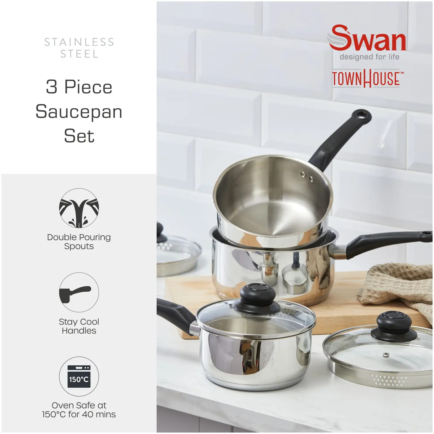 Swan Townhouse Stainless Steel Saucepan Set 3 Piece
