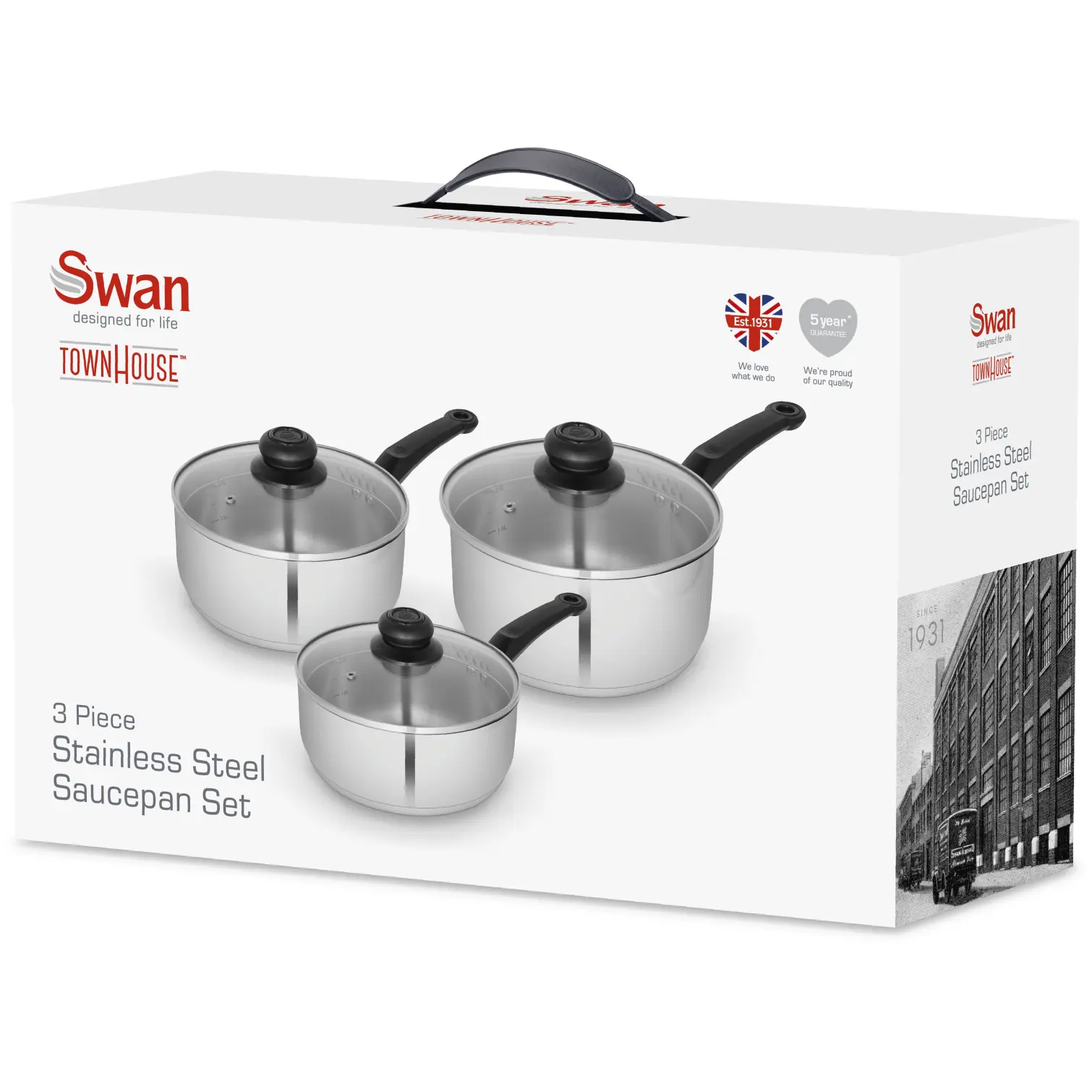 Swan Townhouse Stainless Steel Saucepan Set 3 Piece