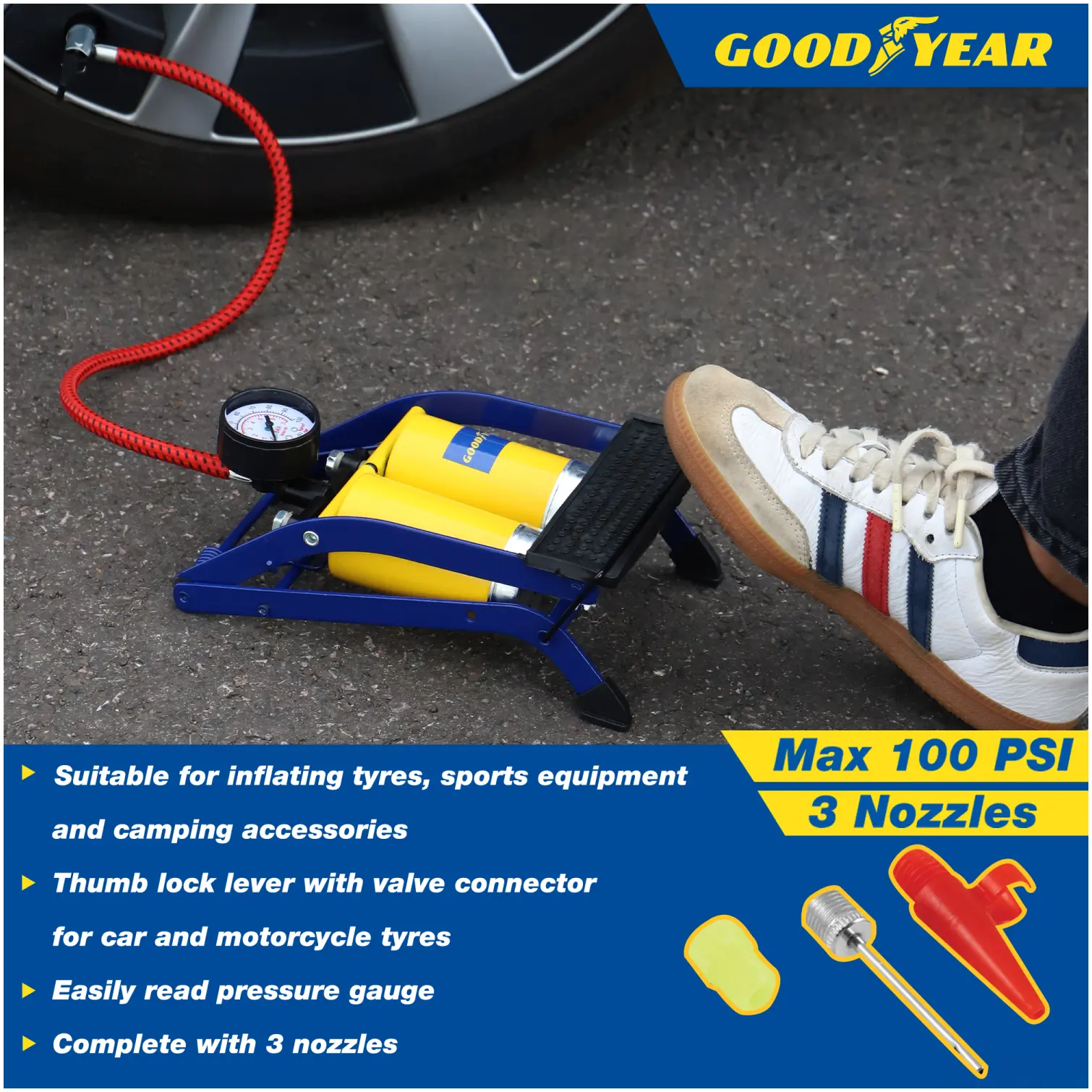 GOODYEAR Double Car Foot Pump & Gauge