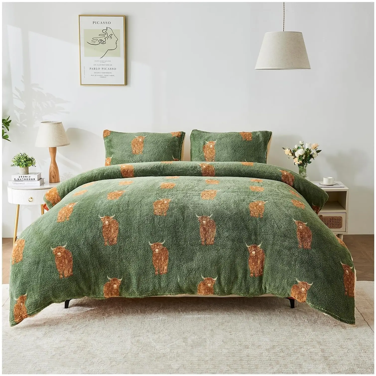 Teddy Printed Highland Cow Double Duvet Set Green/Natural for a cosy home in winter UK