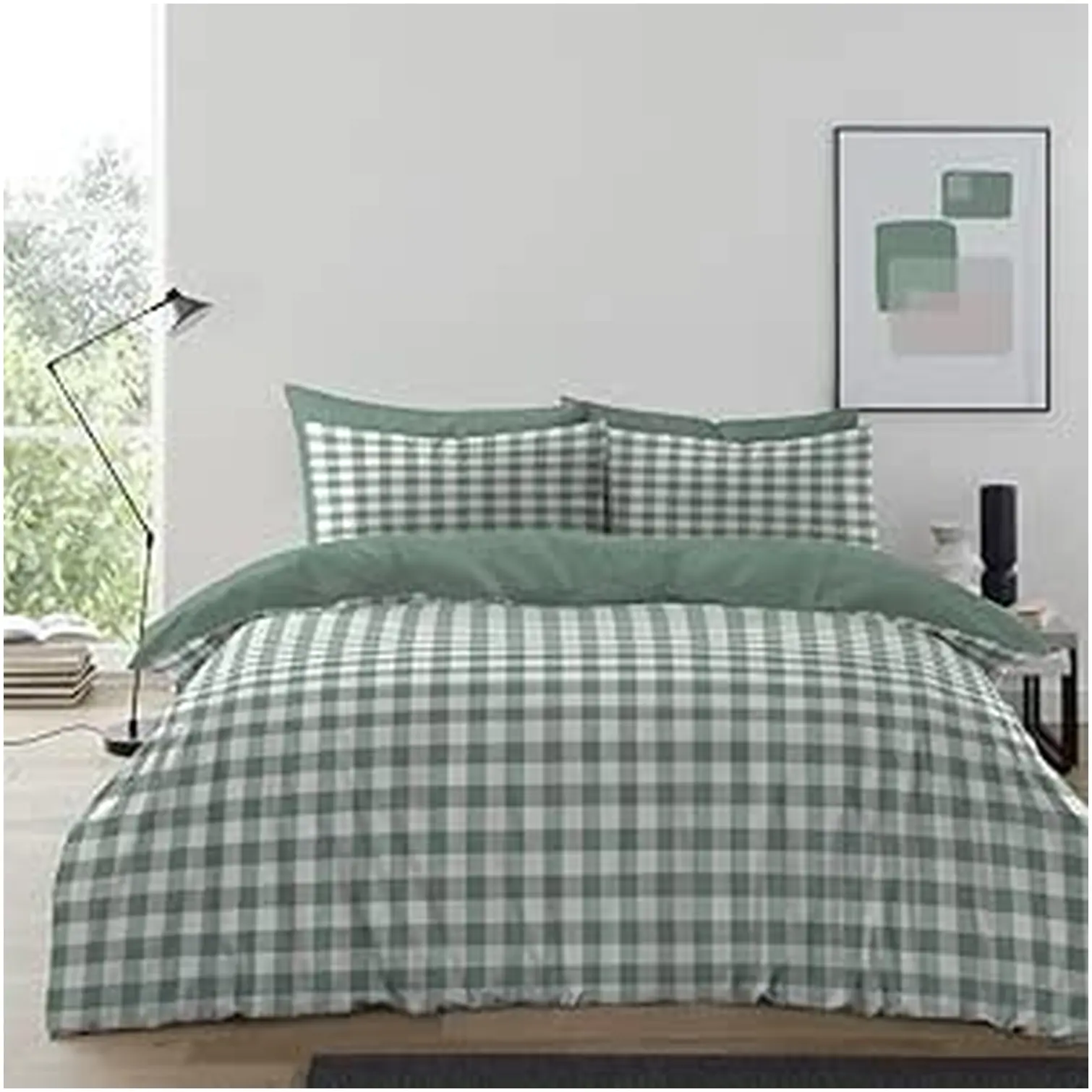 Gingham Moor Sage Green Microfibre Double Duvet Set