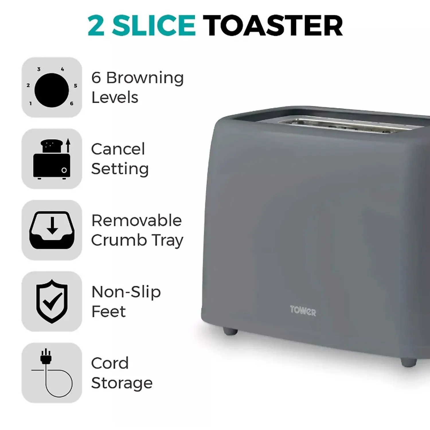 Tower Presto 2 Slice Toaster Grey