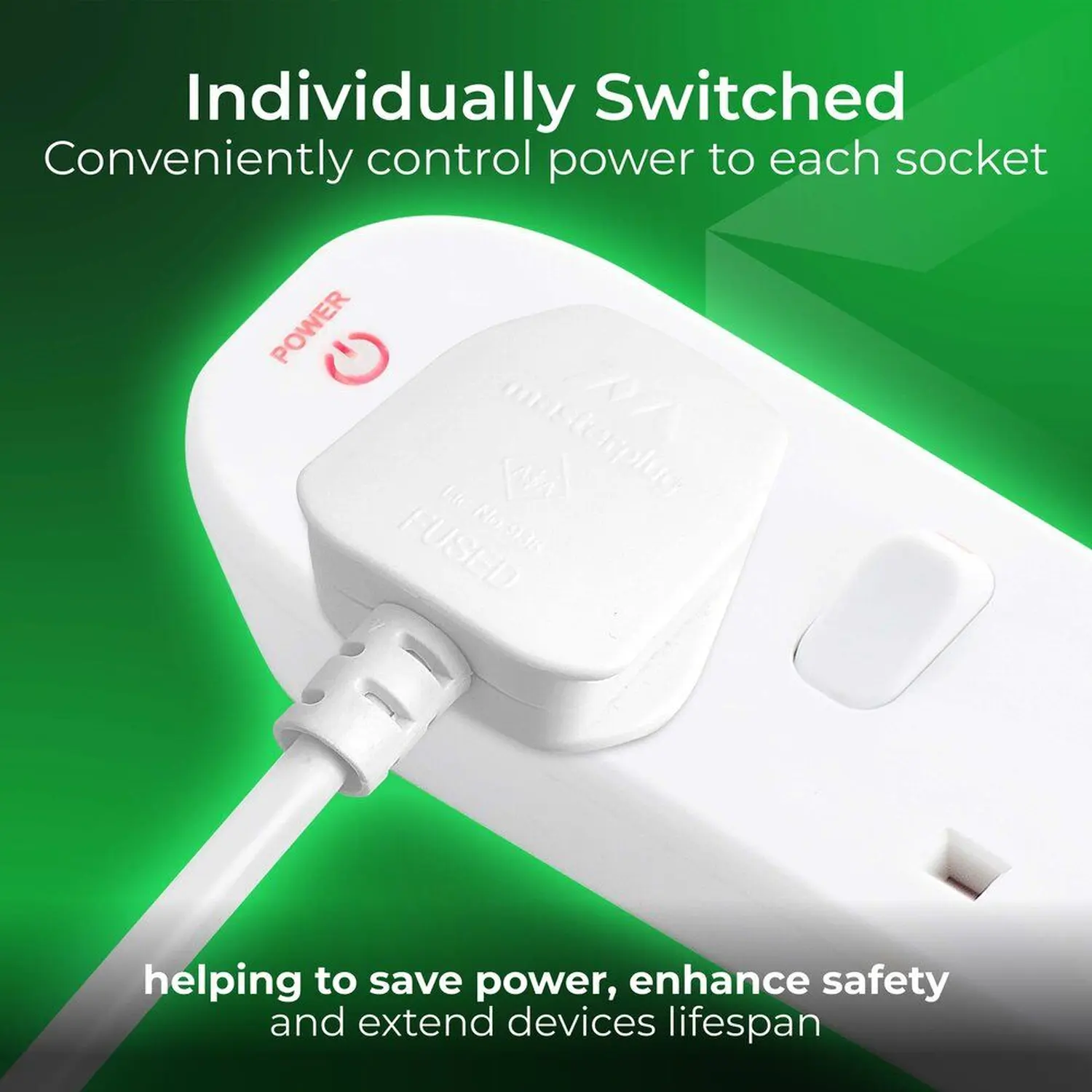 NEX0024_5 Masterplug Individually Switched 4 Gang 13amp 2 Metre Trailing Socket