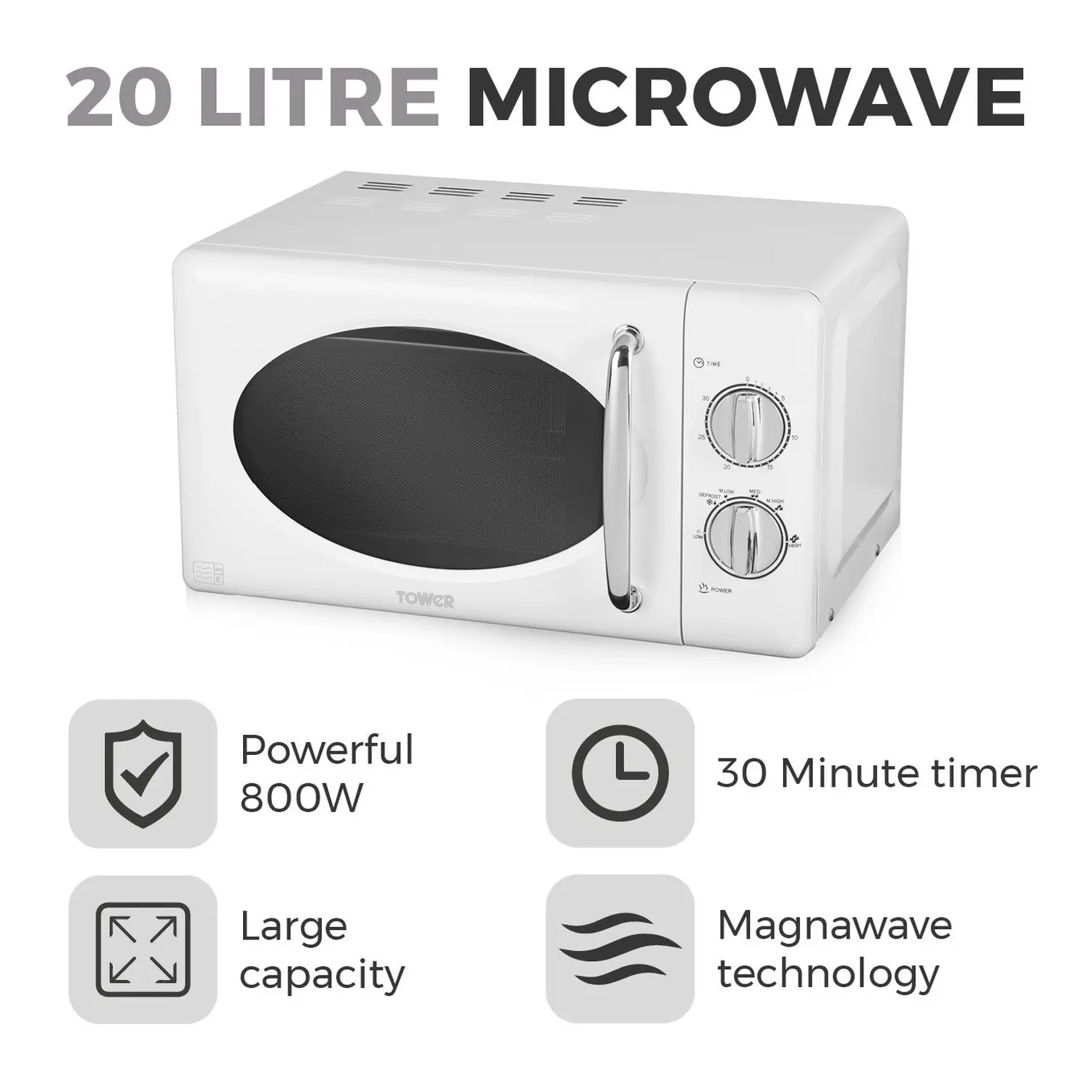 Tower Microwave Stainless Steel Interior 800w 20Litre  White