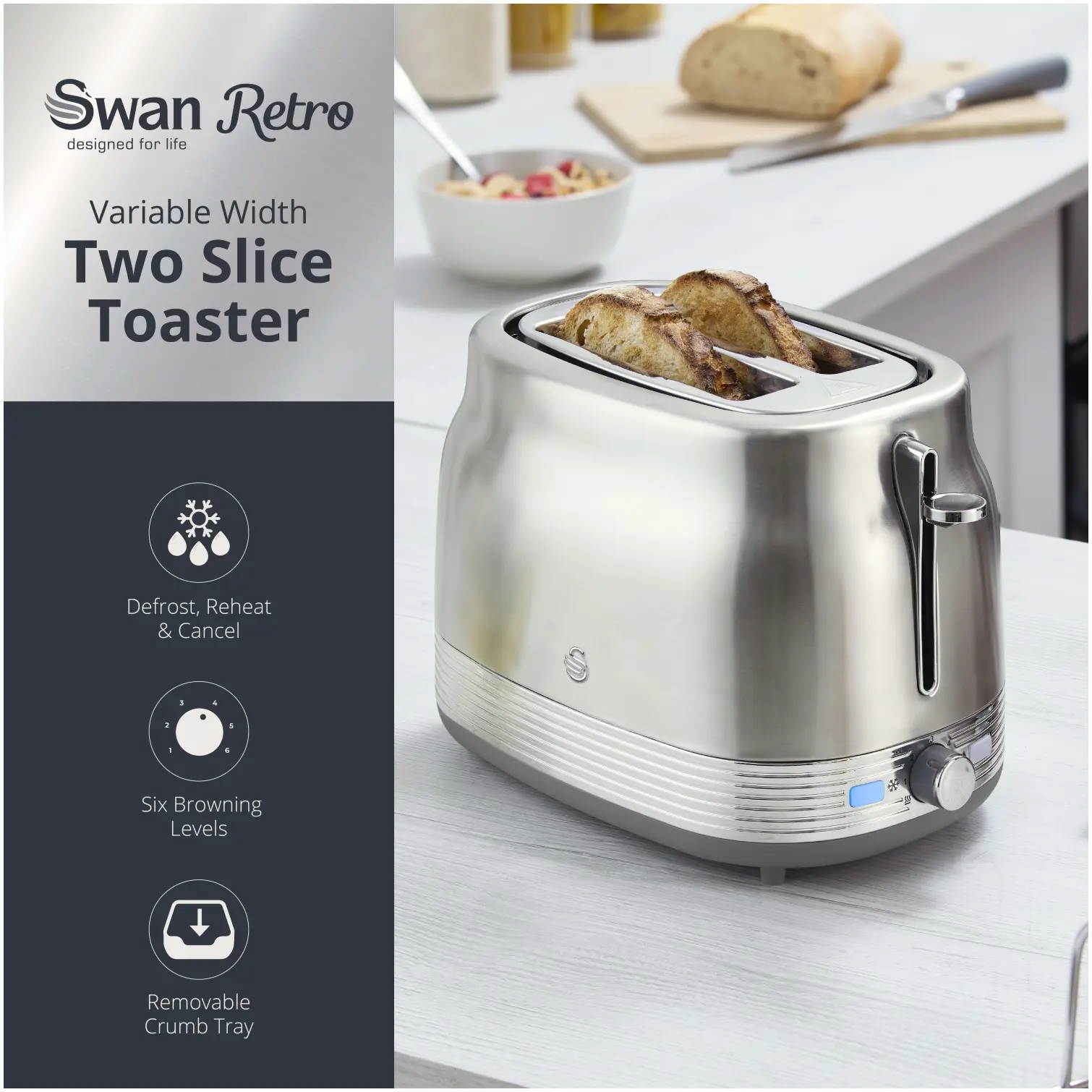 Swan Retro 2 Slice Toaster Stainless Steel