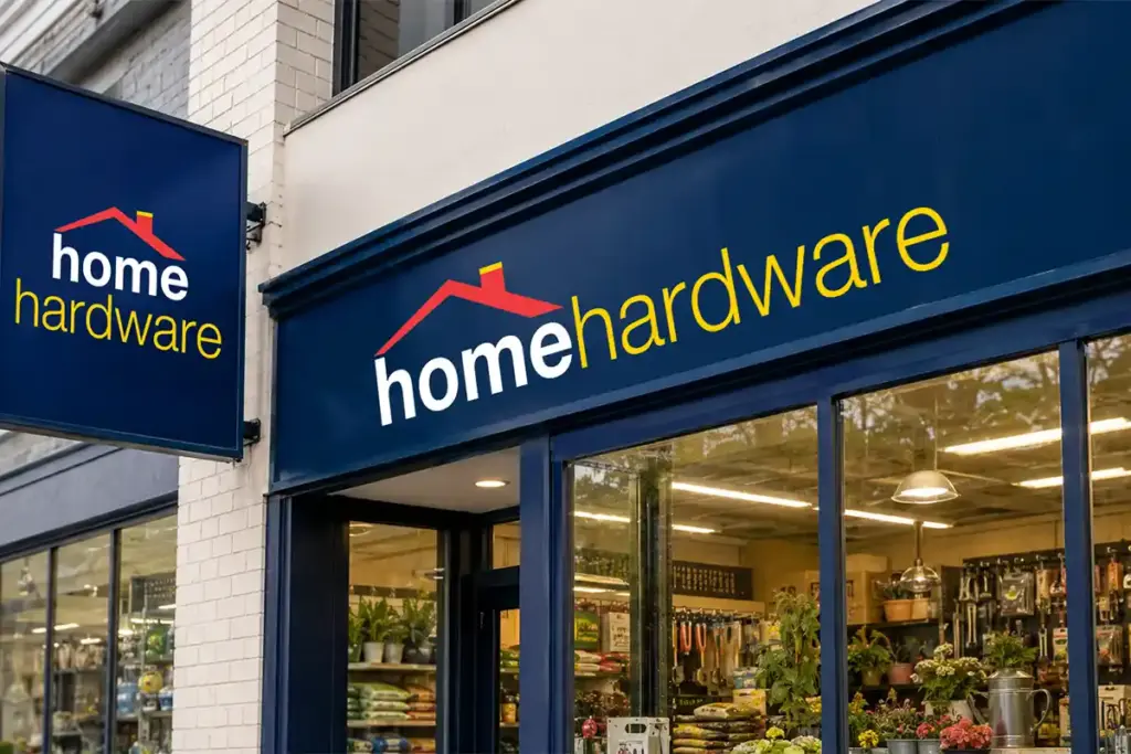 Home Hardware store front, showing the blue background with the home hardware logo.