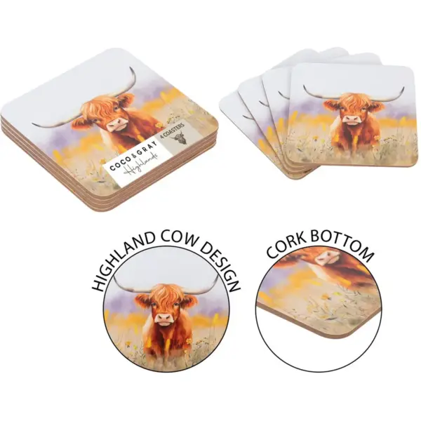 RSW0108 Coco & Gray Highland Cow Coasters 4Pk