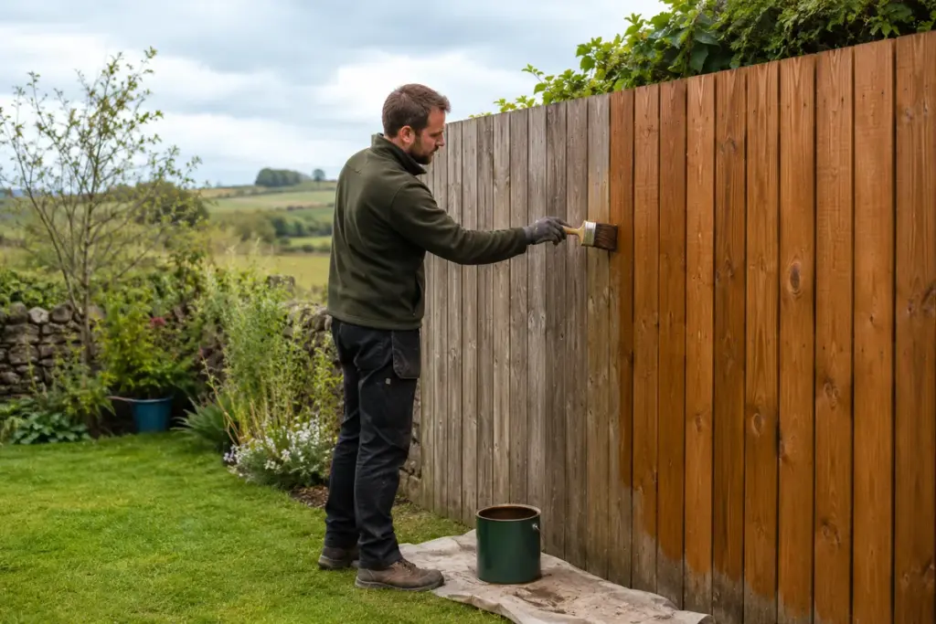 Man applying wood preserver stain to a garden fence panel UK