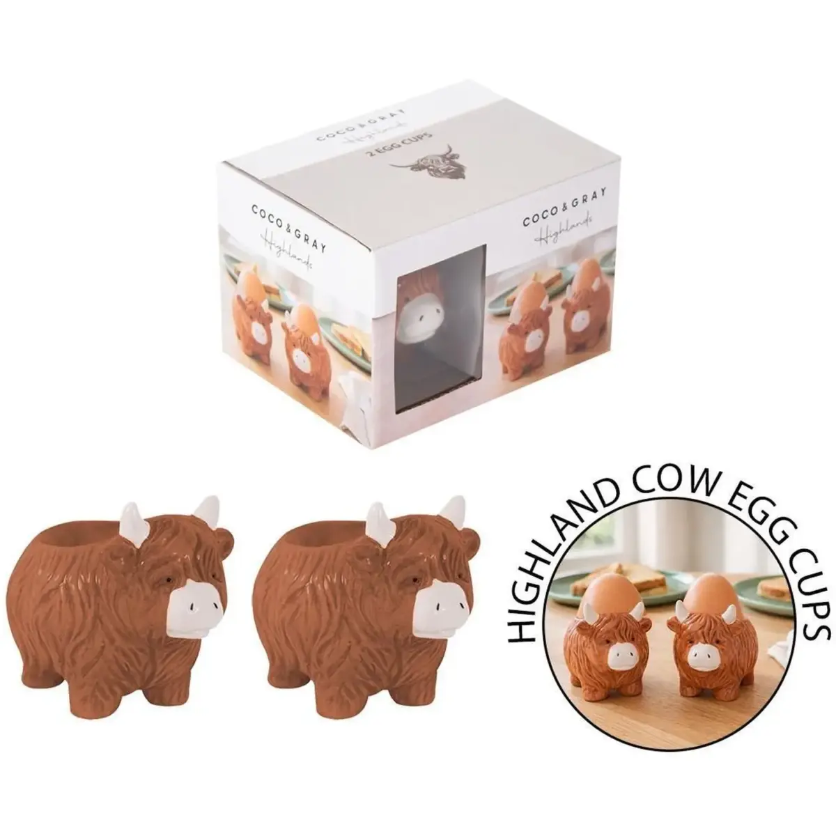 RSW0122_1 Coco & Gray Highland Cow Egg Cups 2Pk