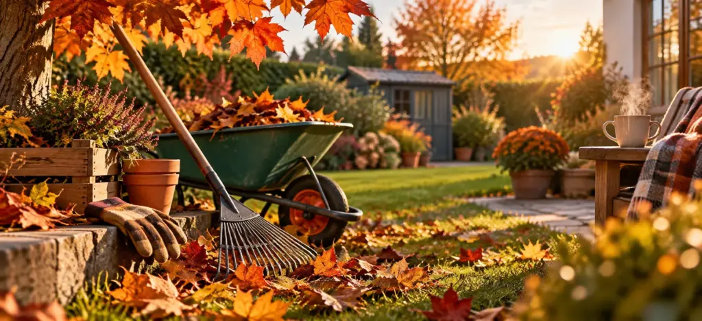 Autumn garden tidy scene with rake, wheelbarrow and fallen leaves in a UK garden at golden hour