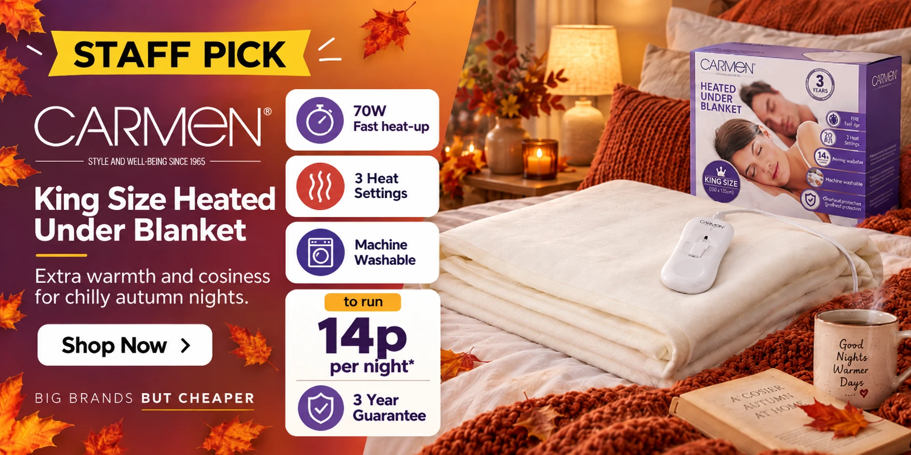 Carmen King Size Heated Under Blanket, this weeks Staff Pick at Home Hardware Direct, 3 heat settings and machine washable