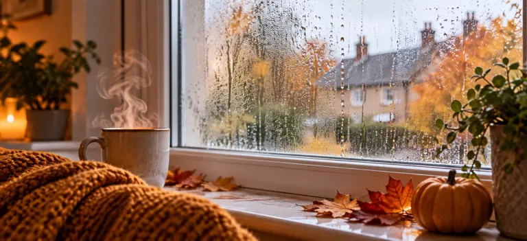 Condensation on a rainy autumn window with steaming mug, damp proofing and moisture control checklist at Home Hardware Direct