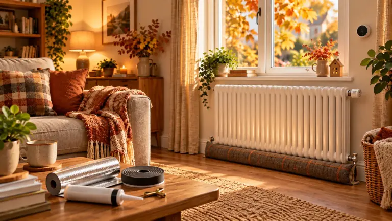Cosy autumn living room with radiator reflector foil, draught excluder and insulation tools, energy saving tips at Home Hardware Direct