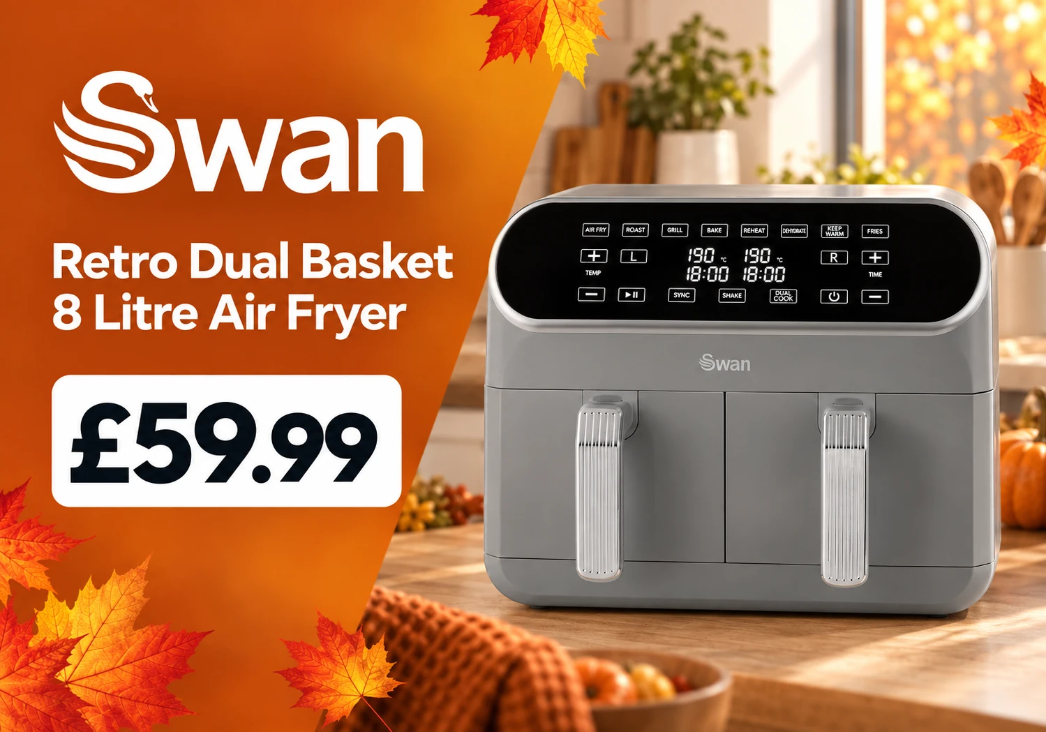 Swan Retro Dual Basket 8 Litre Air Fryer in grey, this weeks Staff Pick at Home Hardware Direct, was 79.99 now 59.99