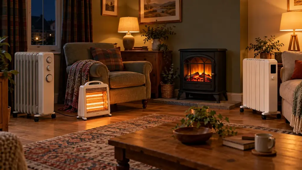 Four electric heaters in a cosy Scottish living room: an oil-filled radiator, a glowing quartz heater, an electric stove and an oil-free radiator