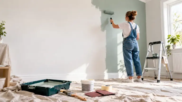 Woman painting a living room wall sage green with a roller, with paint tray, brush, filler, masking tape, sandpaper, dust sheets and step ladder