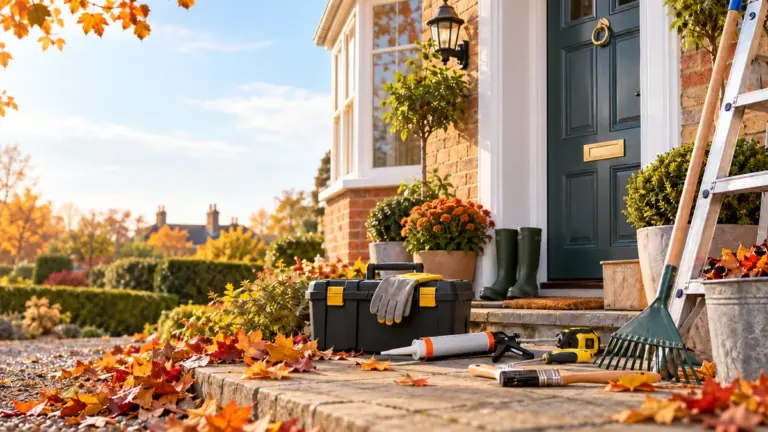 Toolbox, work gloves, caulking gun, paintbrush, ladder and rake on a front doorstep among autumn leaves, ready for October home maintenance