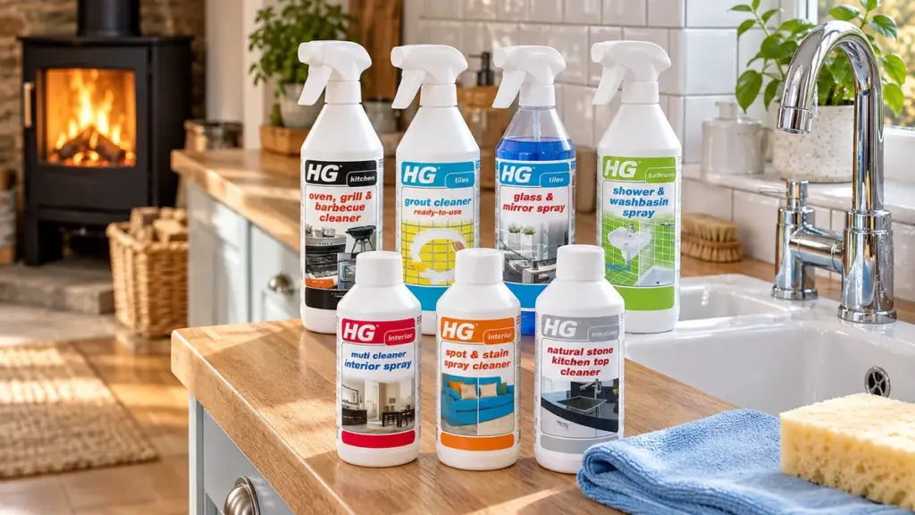 Specialist HG cleaning products on a wooden kitchen worktop next to a sink, with a wood burner in the background