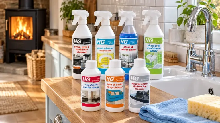 Specialist HG cleaning products on a wooden kitchen worktop next to a sink, with a wood burner in the background