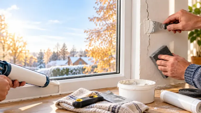 Filling a crack in a plaster wall with a filling knife and sealing a window frame with a caulking gun, with filler, sanding block and draught strip on the sill