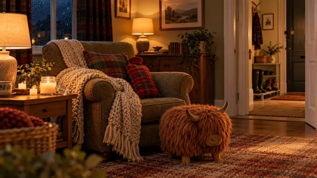 Cosy winter living room with an armchair, chunky knitted throw, tartan hot water bottle, Highland cow footstool and lit candles