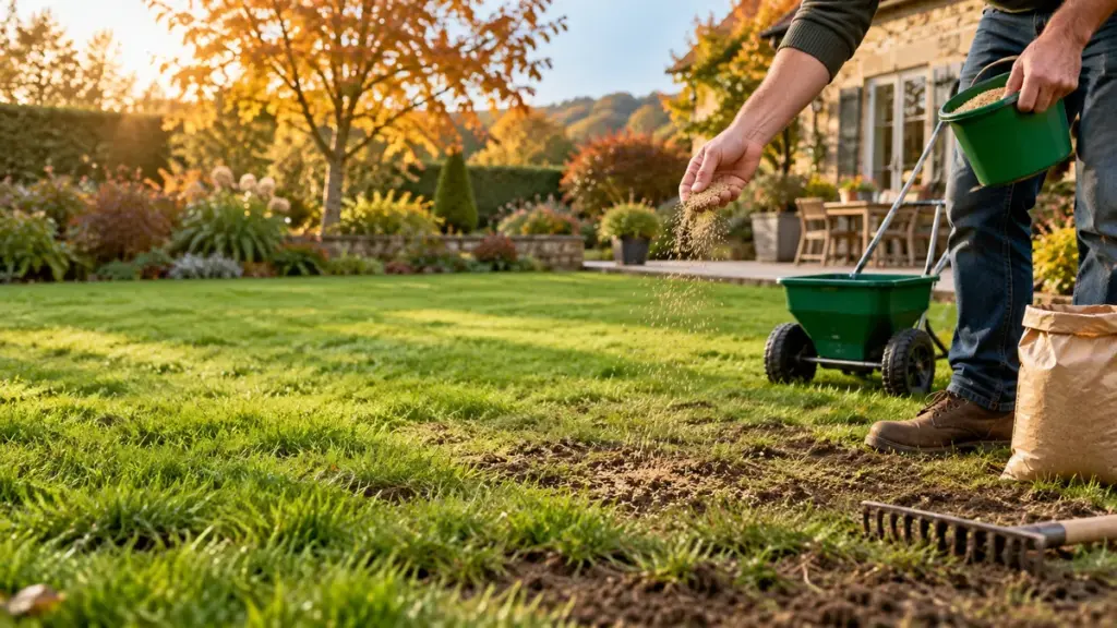 Gardener hand-sowing grass seed onto a raked bare patch of lawn in autumn, with a seed spreader, rake and bag of seed nearby