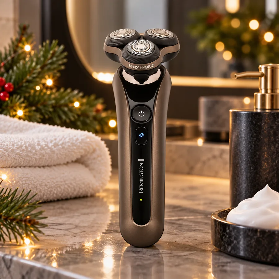 Remington X9 rotary shaver on a bathroom shelf with Christmas lights and a towel