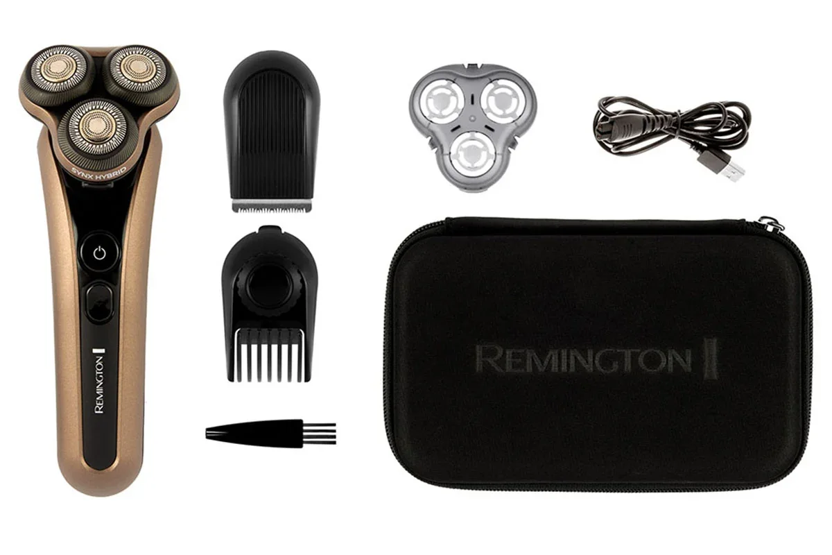 Remington X9 XR1795 rotary shaver with trimmer and comb attachments, cleaning brush, USB cable and storage case