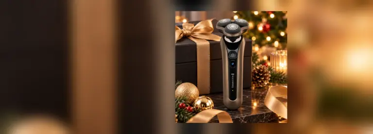 Remington X9 rotary shaver beside a gold-ribboned Christmas gift box
