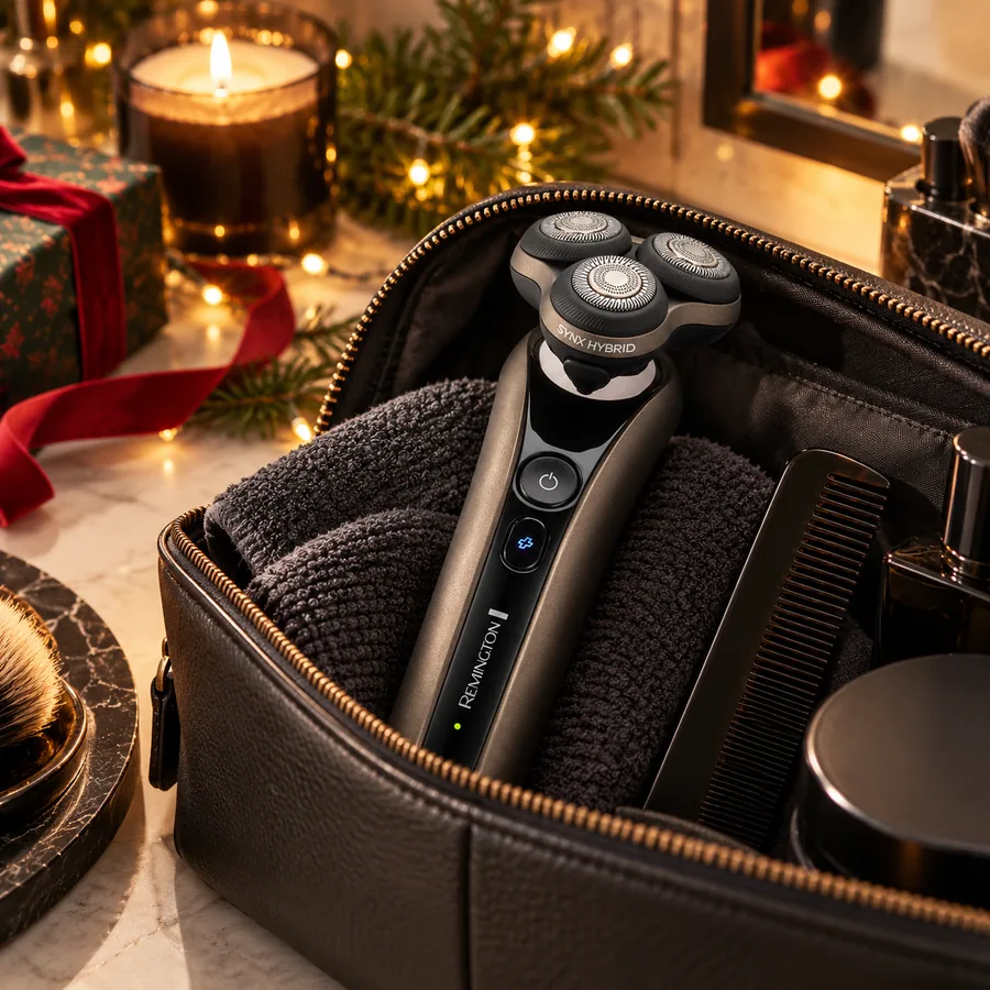 Remington X9 rotary shaver in a men's leather wash bag with Christmas gifts