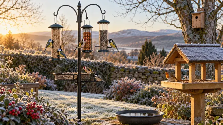 Blue tits, great tits, a goldfinch and a robin feeding at a bird feeding station and wooden bird table in a frosty Scottish garden at sunrise, with a water dish and a nest box