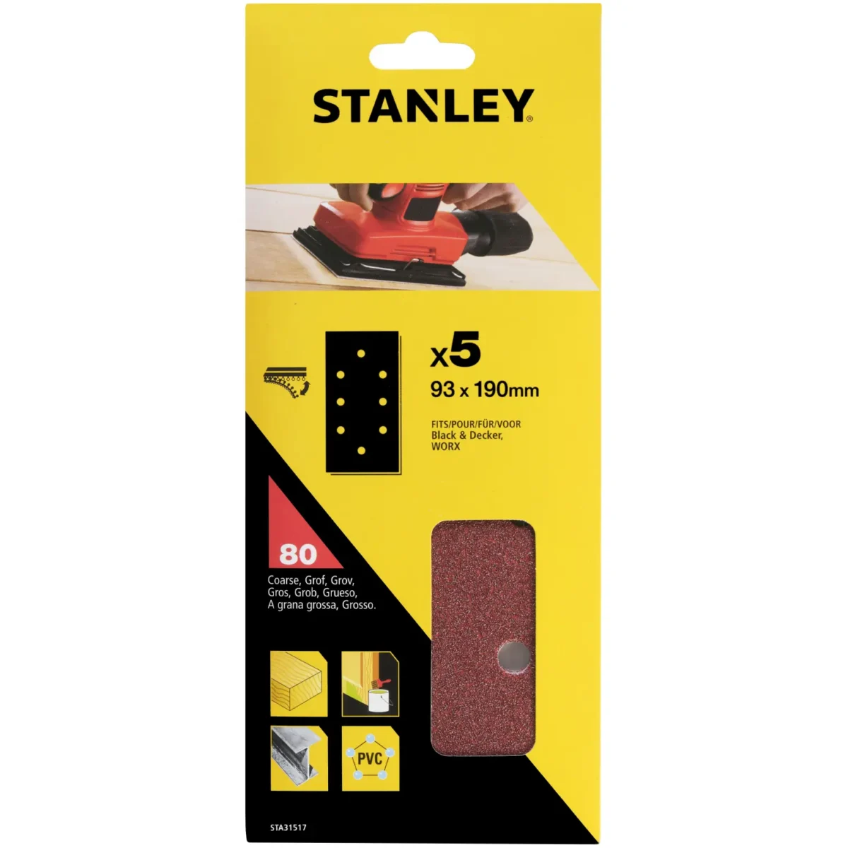 Stanley Quickfit Third Sanding Sheet 80g Pack of 5 - Image 1
