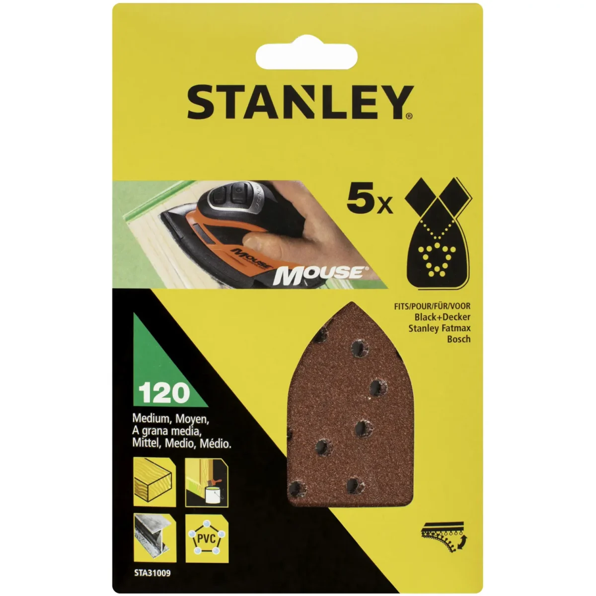 Stanley Mouse Quickfit Sanding Sheets 120g Pack of 5 - Image 1