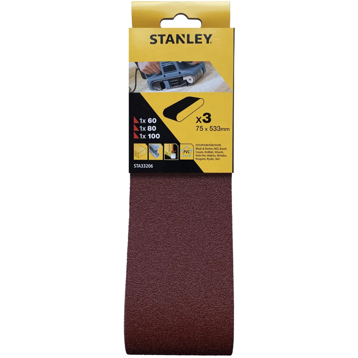 Stanley Sanding Assorted Belts 75x533mm Pack of 3 - Image 1