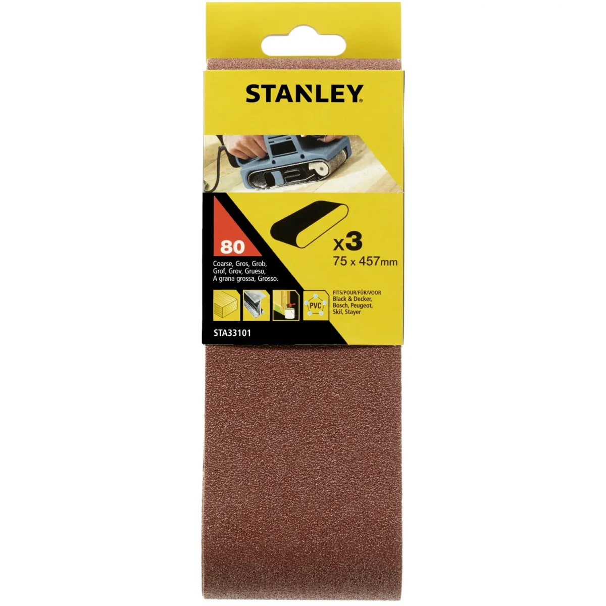 Stanley Sanding Belt 75x457mm 80g Pack of 3 - Image 1