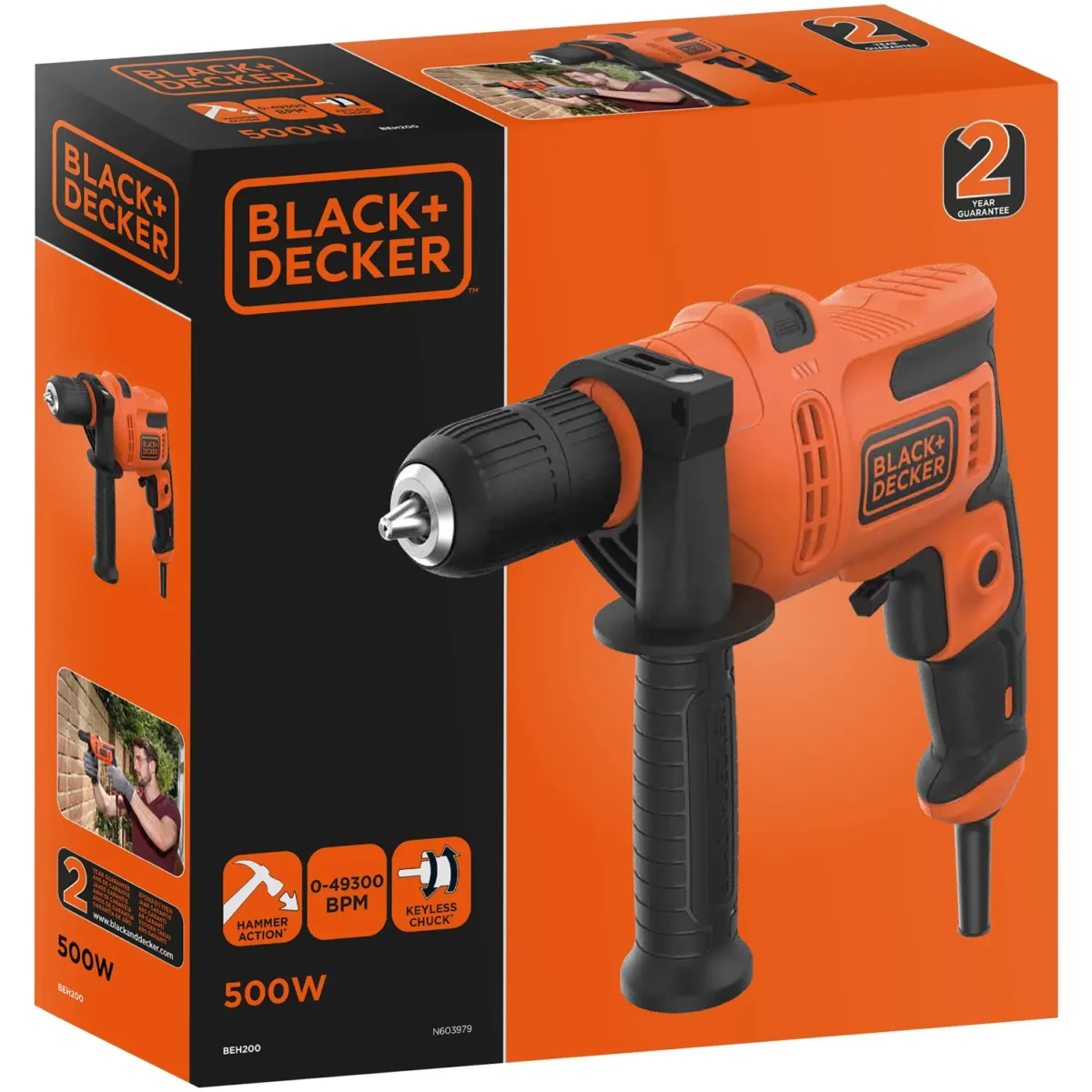 Black+Decker BEH200 13mm Variable Speed Keyless Chuck Hammer Action Drill - Image 4