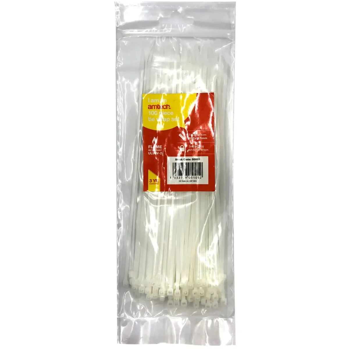 Am-Tech 2.5 X200mm Cable Ties White pk100 - Image 2