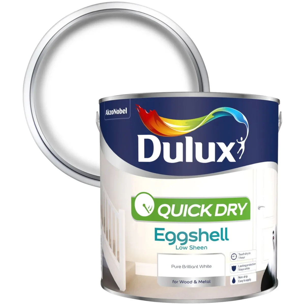 Dulux Quick Dry Eggshell Pure Brilliant White 2.5L - Image 2
