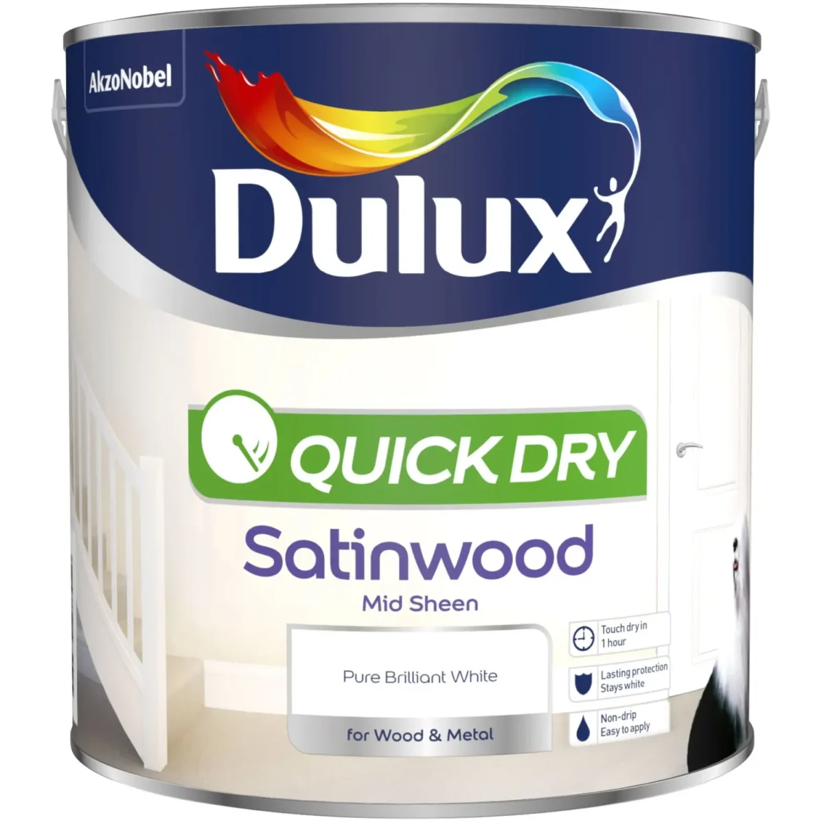 Dulux Water Based Satin Wood White 2.5L - Image 1