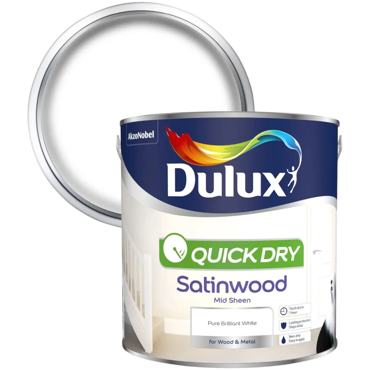 Dulux Water Based Satin Wood White 2.5L - Image 2
