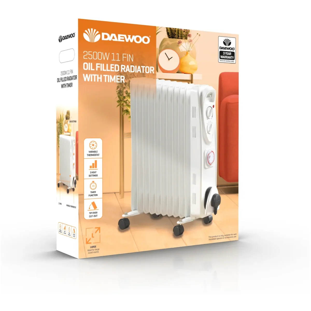 Daewoo 2500W Oil Filled Heater With Timer and 3 Heat Settings - Image 3