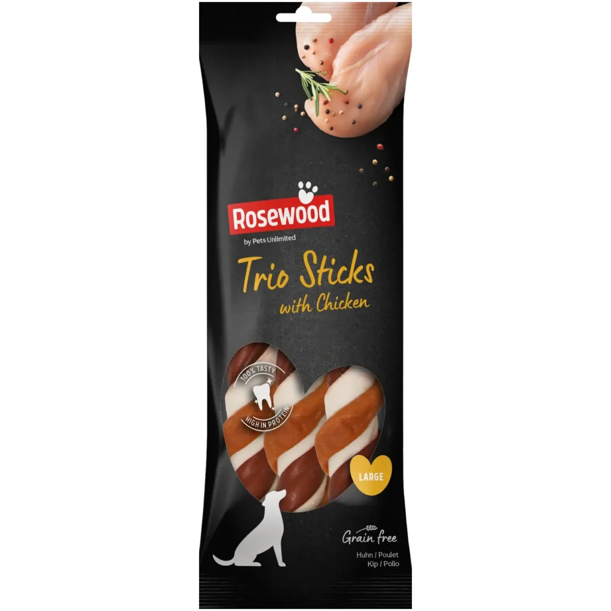 Pets Unlimited Dog Large Tricolor Chewy Stick with Chicken pk3 - Image 1