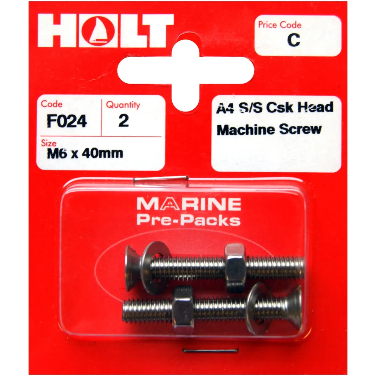 Holt S/Steel  CSK Head M/Screw M6 x 40mm Card of 4