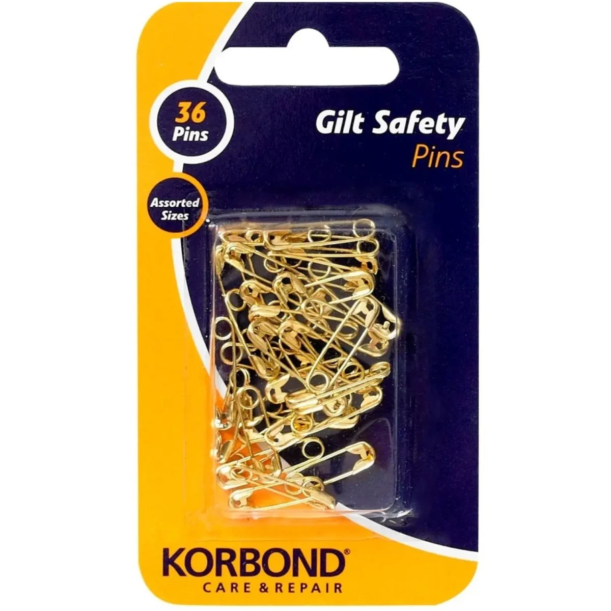 Korbond Gilt Safety Pins Assorted Sizes 36 Pins - Image 1