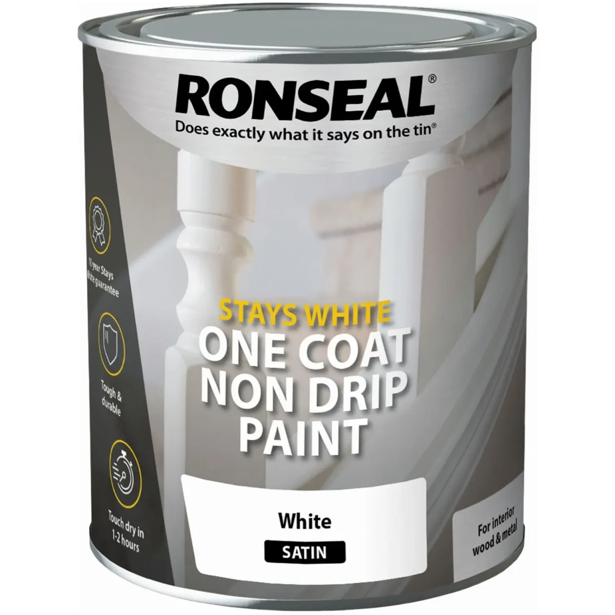 Ronseal White Satin One Coat Wood Paint 750ml - Image 1