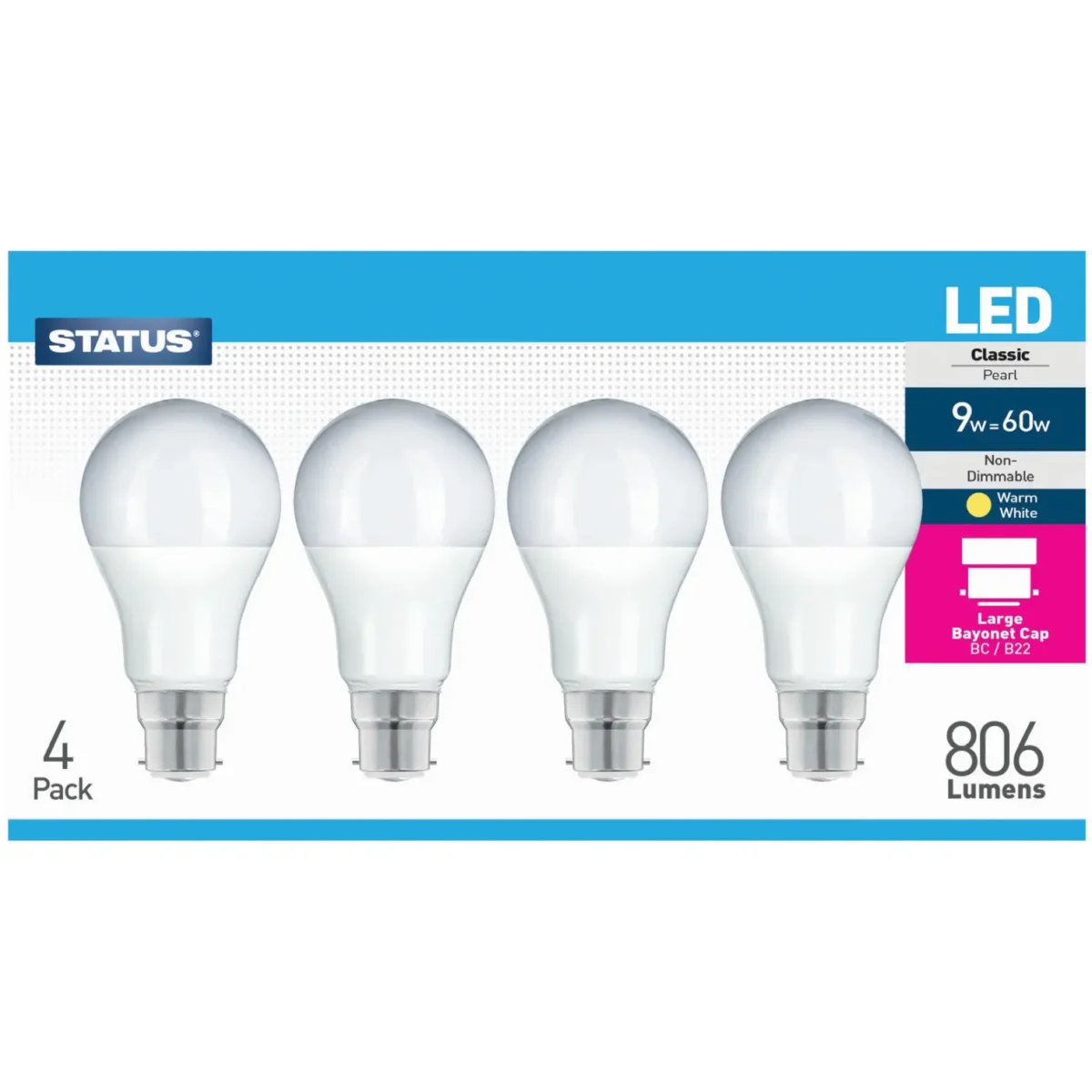 Status 8.5/60w GLS Warm White BC pk4 - Image 1