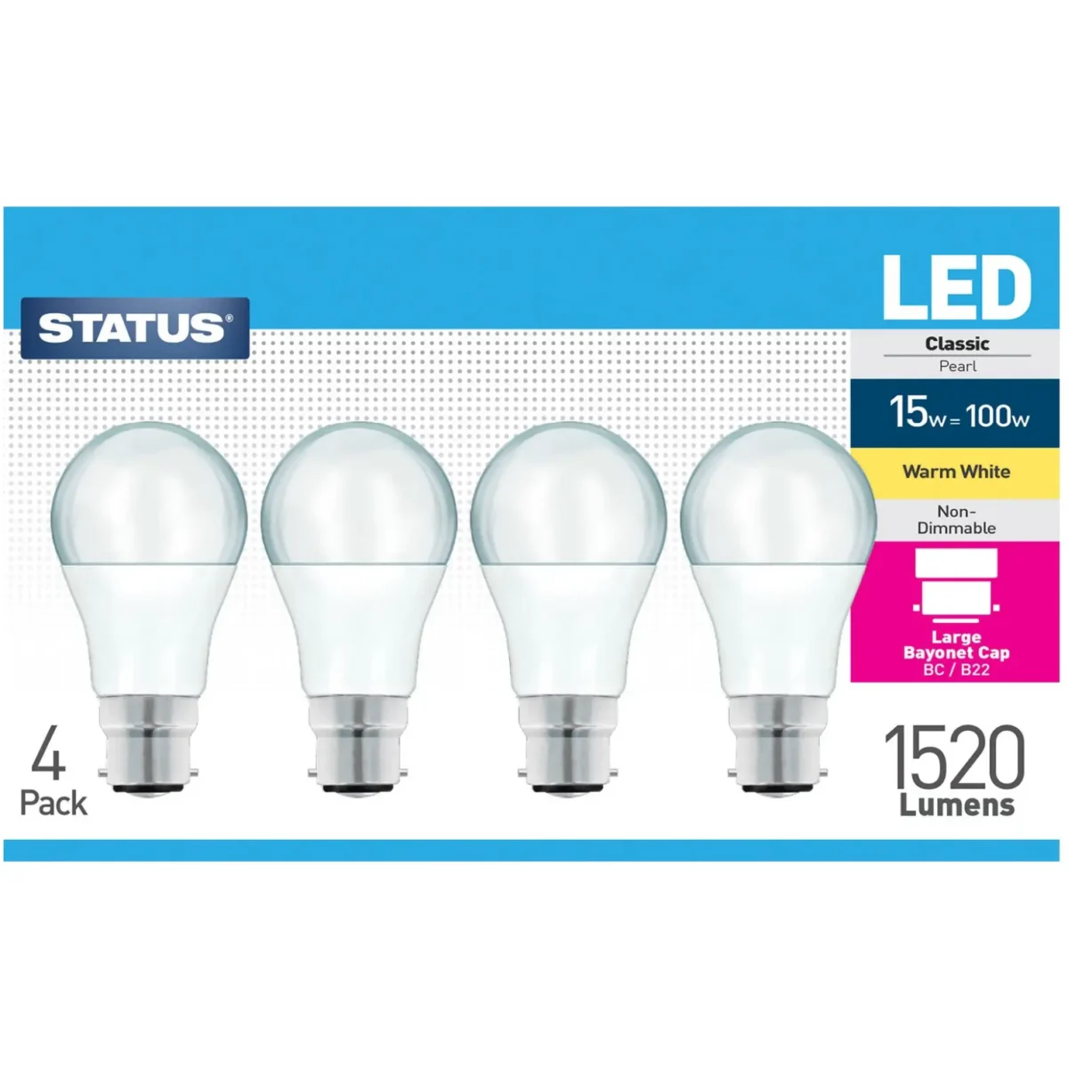 Status 15/100w GLS Warm White BC pk4 - Image 1
