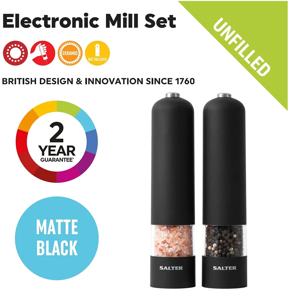 Salter Matt Black Electric Mill Set - Image 2