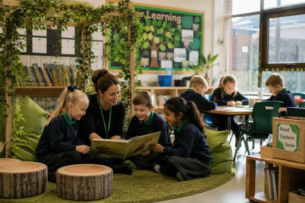 Teacher reading with young children in a primary school classroom